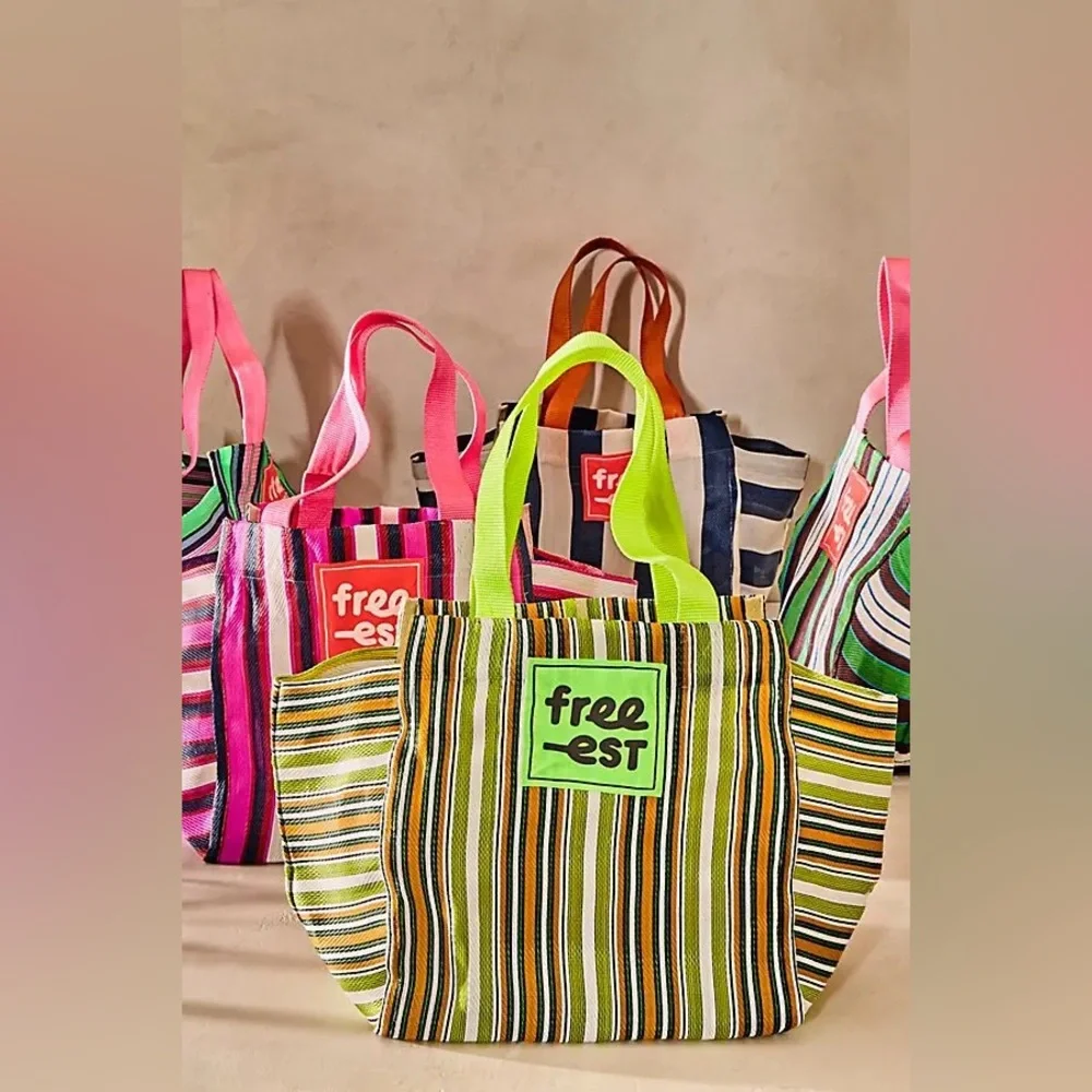 Free People free-est Boho Striped Beach Tote Bag Pink Blue OS - Picture 5 of 7